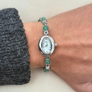 Dainty Silver and Green Stone Y2k stainless steel quartz charm watch
